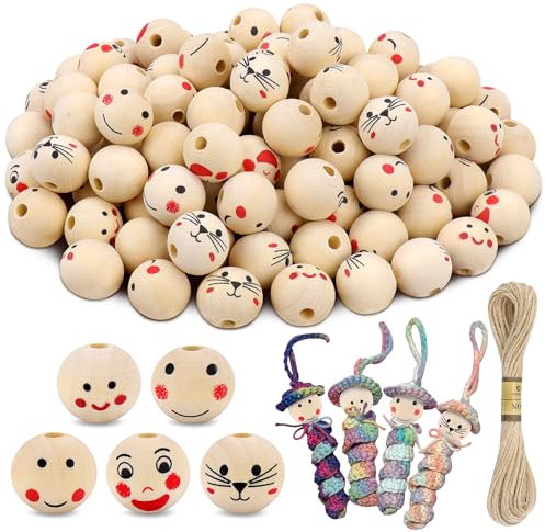 Kkluno 100 Stück Holzperlen Mit Gesicht, Rund 20mm, Zum Auffädeln, Niedlich, Smile Face, Sorgenwürmchen für DIY Handgefertigte Handwerk Und Schmuckherstellung