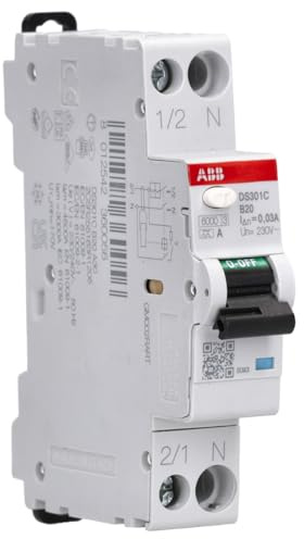 ABB DS301C B20 A30 RCBO – FI/LS-Schalter 20 A, 30 mA, 6 kA, B-Charakteristik, Typ A, 1P+N, 1 Teilungseinheit, Kombischalter für Hutschiene 2CSR255163R1105