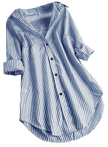Striped Blouse for Women Long Sleeve Button Down Shirt Lapel Casual Cotton Tops Classic Elegant Loose Cardigan Fall Winter Jacket Ladies Office Work Tee Shirts Tunic Top Plus Size 22