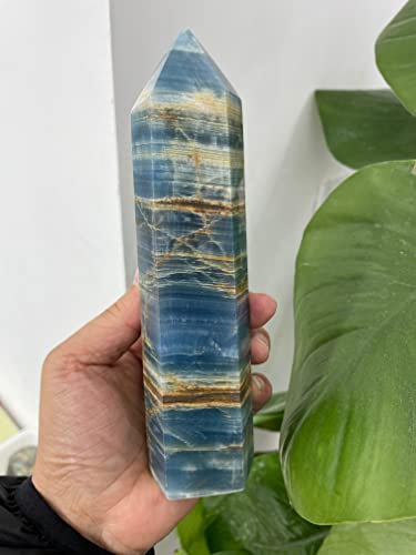 RVBLRDSE Natural Blue Crystal Stone Pillar Blue Obelisk Suitable for Home Natural Stones Household Crystal Specimen (Size : 650-700g)