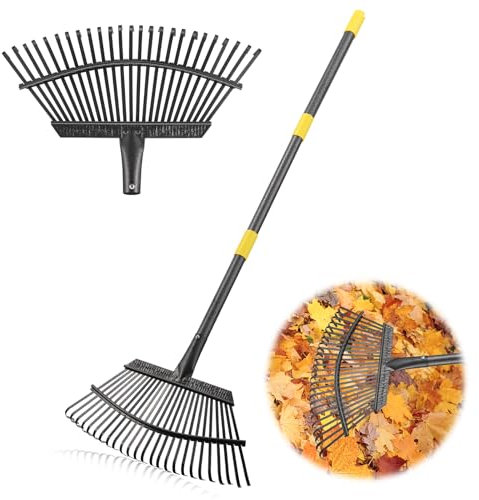 Râteau à feuilles de 165,1 cm pour jardinage, long manche réglable avec 25 dents en métal de 45,7 cm de large, râteau pour ramasser les feuilles, l'herbe coupée et les ordures