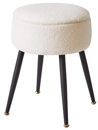 Aibiju Round Footrest Stool with Storage, Faux Teddy Fur Dressing Table Chair, Makeup Vanity Stool Side Table with Metal Legs for Bedroom, Living Room, Entryway, Offices, White YD-RMS137W