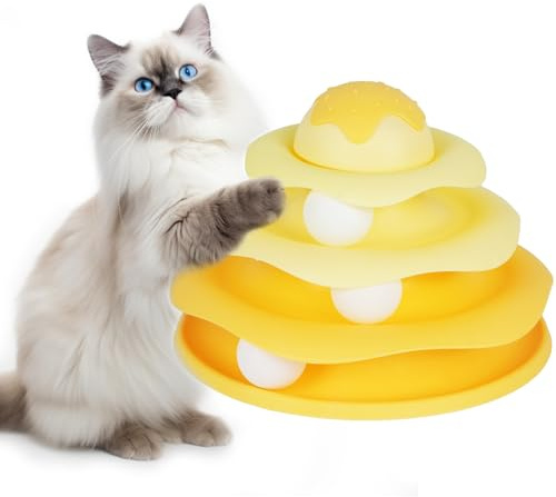 PawsSynergy Cat Ball Track Toy,Interactive Cat Toy, Engaging Fun for Indoor Cats, Multi-Layer Design, Ice Cream Structure,Detachable and Easy to Clean (Yellow)