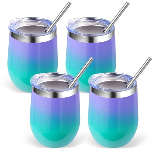 Volhoply 12oz Stainless Steel Wine Tumbler with Lid Bulk 4 Pack,Double Wall Vacuum Stemless Wine Glasses,Reusable Metal Travel Coffe Mug with Straw,Insulated Cup Gifts for Women（Purple Green,4 Set）