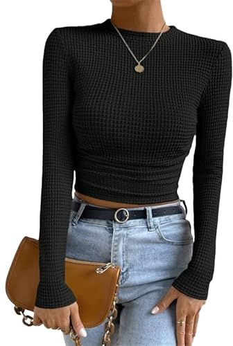 Haibang Maglia Donna Manica Lunga Maglietta Elegante in Waffle Slim Fit T-Shirt Sexy Basic Top Casual Crop Top Girocollo Camicetta Pullover Autunno Inverno Moda Y2K Streetwear