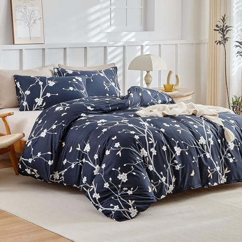 Lekesky Super King Duvet Set Dark Blue Bedding Set, Floral Flowers Printed Blue Super King Duvet Cover (1x Duvet Cover, 2x Pillowcases) Microfiber Super King Size Duvet Cover Sets 260x220 cm, Blue