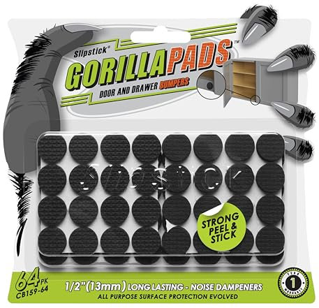 Slipstick GorillaPads Premium Cabinet Door Bumpers 13mm Round Adhesive Rubber Bumpers, Cabinet Stoppers, Bumper Pads for Drawers, Cupboards, Cutting Boards, Glass, Picture Frames, 64 Dampers