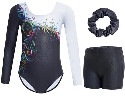 Gogokids Mädchen Dreiteiliges Langarm-Gymnastikanzug Set - Kinder Gymnastik Outfits mit Farbverlauf Pailletten Design beinhaltet Gymnastikanzug, Shorts und Haarband, funkelnde Balletteinheiten für