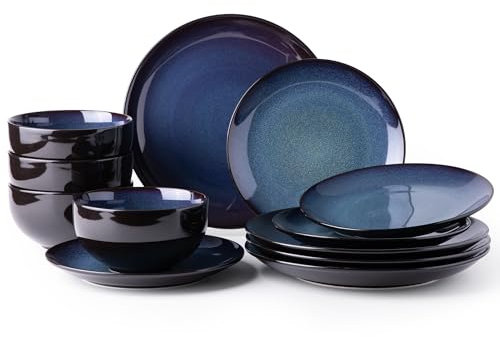 LeRatio Dinner Set for 4, 12 Piece Stoneware Plates and Bowls Set, Chip & Scratch Resistant Reactive Glazed Dinnerware Set, Dishwasher & Microwave Safe Crockery Set (Space Blue, Set of 12)