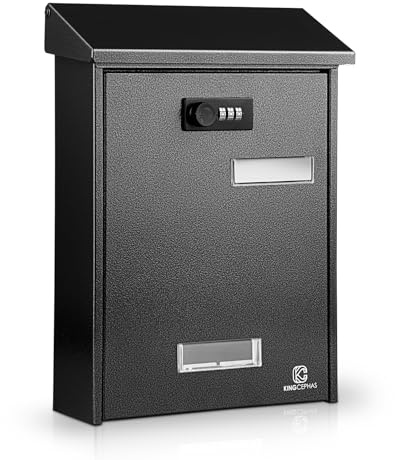 KINGCEPHAS Post Box,Wall Mounted Letterbox with Combination Lock (Black) | Small Capacity,Weatherproof,Lockable Galvanized Steel Mail Box for Outside Home,Viewing Windows,Nameplate,23x8.5x31.5cm