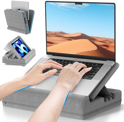 Heyife Laptop Knee Tray for Lap with Cushion, Adjustable Laptop Pillow for Bed/Couch, Foldable Tablet Pillow Holder for Lap, Sofa and Desk for up to 15'' PC/Mac, Tablet, iPad, Kindle, Gray