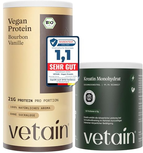 VETAIN Veganes Protein Vanille (600g) + Creatin Monohydrat (250g) – Fünf Premium Protein Quellen - fermentiert - vegan & ohne Zusätze – produziert & laborgeprüft in Deutschland