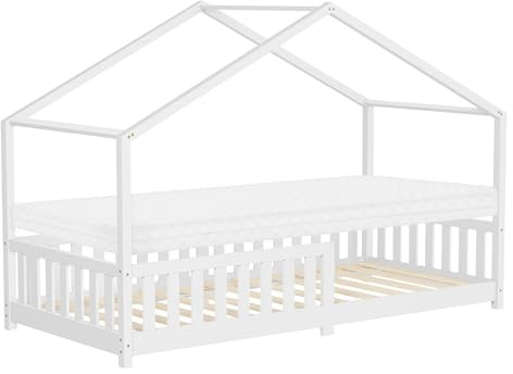 ML-Design barnsäng hussäng 90x200 cm Vit med madrass H:10 cm träsäng med fallskydd ribbotten tak leksäng av furu för barn Montessori golvsäng sängram juniorsäng lekfullt design trygg och säker
