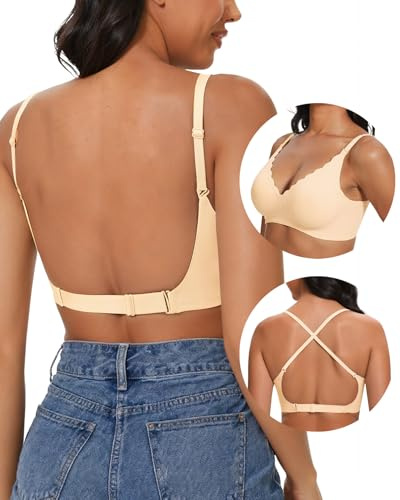 Low Back Bra Halter Bra Backless Padded Low Cut Seamless Wave Bras Scalloped V Neck Criss-Cross Multiway Bralette, Nude, M