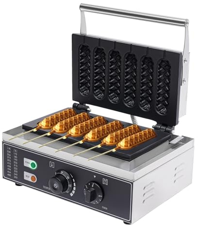 Macchina per waffle 1500 W con 6 stampi hot dog per waffle sul manico e hot dog, cialde Royal Catering sul gambo, regolatore di temperatura 50-300 °C