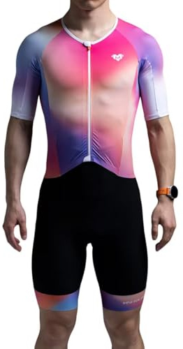MY KILOMETRE Triathlon-Anzug für Herren, kurzärmelig, schnelltrocknend, atmungsaktiv, Reißverschluss vorne und Gesäßtasche für Rennen und Training, Mehrfarbig/Schwarz/Pink, L