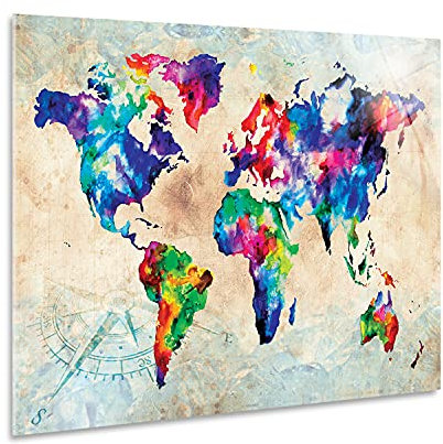 Giallo Bus - Cuadro Sobre Vidrio Acrílico Plexiglass - World Map Color - Mappa Del Mondo A Colori - 70X100Cm