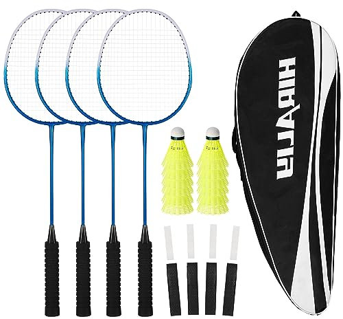 HIRALIY Badmintonschläger für Spiele im Freien, leichtes Badminton 4er-Set für Kinder & Erwachsene & Anfänger, inklusive 4 Schläger, 12 Nylon-Federbälle, 4 Ersatz-Griffbänder, 1 Tragetasche