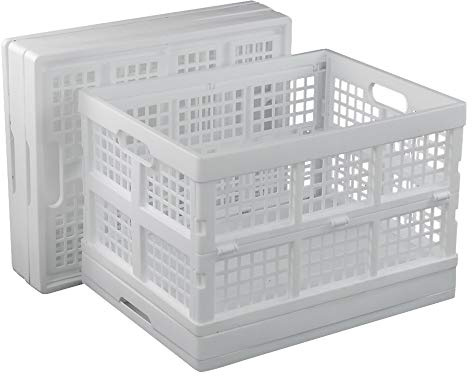 Sosody 34 L Large Collapsible Plastic Storage Crates, Folding Storage Baskets Stackable, White, 4 Packs