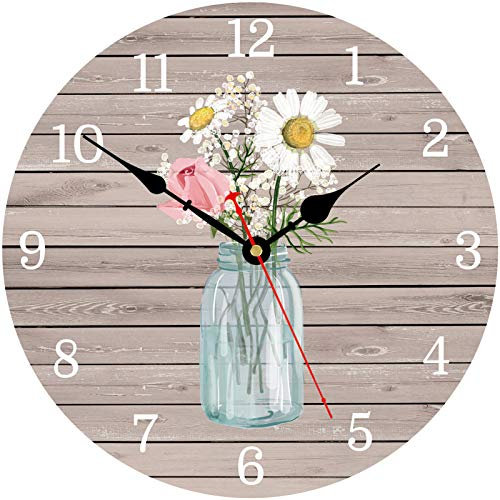 Toudorp Küche Wanduhr 20 cm Batteriebetrieben Retro Hölzerne Wanduhr Klassisch Blumen in Glasflasche Muster Kunst Dekor Wanduhr für Haus Dekoration