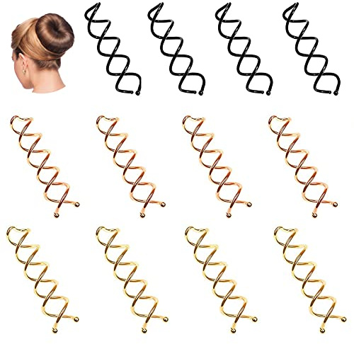 Twist Hair Pin, Hair Pins for Buns 12 Packs Bun Pins Spiral Hair Grips for Girls Child Women DIY Bun Hair Maker with Round Tips (Black, Gold, Rose Gold)