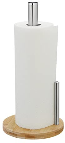 Relaxdays Küchenrollenhalter stehend, Bambus & Edelstahl, Rollenhalter mit Abrollstop, H x D: 33 x 16 cm, Natur/Silber