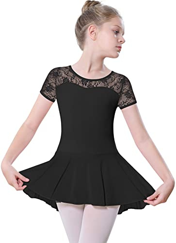 DANSHOW Mädchen Spitze Ballett Trikot Gymnastik Tanzkleidung für Tanz | Wassertropfen-Hohlrücken, Spitzen-Herzausschnitt, Spitzenärmel, asymmetrischer Mesh-Rock, elastischer Stoff