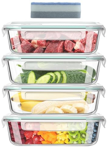 ERUIV Recipient en Verre,Boîtes Alimentaires Lot de 4x1040ML Anti-Odeur, sans BPA, pour Four, Micro-Ondes, Lave-Vaisselle, congélateurt