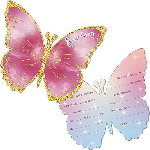 Tixlux 12 Einladungskarten zum Kindergeburtstag, 12 x 10 cm Schmetterlingen Einladungskarten, Geburtstagseinladungen für Mädchen und Jungen, Geburtstagseinladungen Kinder Geburtstagsfeier Kinderparty