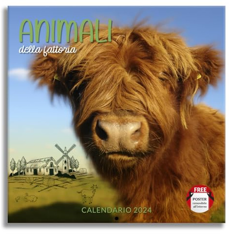 Calendrier mural 2024 Animaux de la Ferme, idéal pour le bureau et la maison, 12 mois, 30 x 30 cm + affiche cadeau incluse.