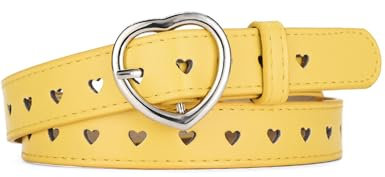 Kiench Mädchen Ledergürtel mit Herz Schnalle Kinder PU Leder Gürtel Gelb Hüftumfang 60-85cm = Gesamtlänge 92cm