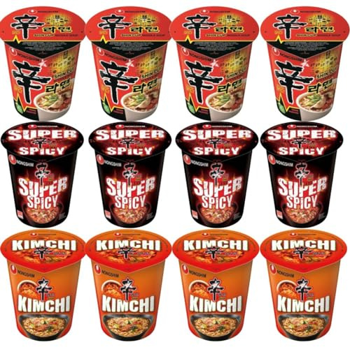 Nongshim SHIN Assorted Spicy Instant Cup Noodles - Original, Kimchi & Red Super Spicy (Pack of 12) HALAL