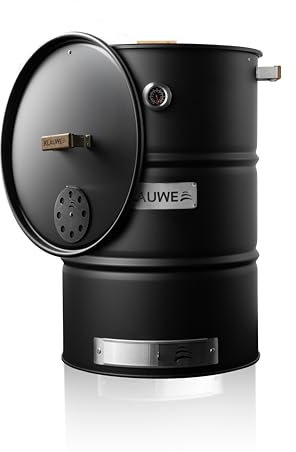 KLAUWE BBQ & Grilltonne | Holzkohlegrill Smoker & Feuertonne | XL Grill mit Deckel, Thermometer & Verstellbarer Aschelade | Mehrstufiges Garen & Lufteinlassregulierung – Schwarz