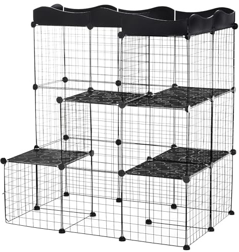 PawHut Recinto per Animali di Piccola Taglia Modulabile con Pannelli e Accessori, Gabbia per Animali in Acciaio e PP, per Gatti e Conigli, 105x70x116 cm, Nero