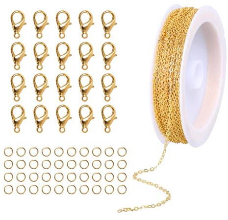 32.8 Feet 3mm Twisted Gold Chain for Jewelry Making, Metal Bracelet Necklace Link Chains with 20PCS Lobster Clasps 40PCS Jump Rings for DIY Necklace Bracelet Jewelry Making Supplies