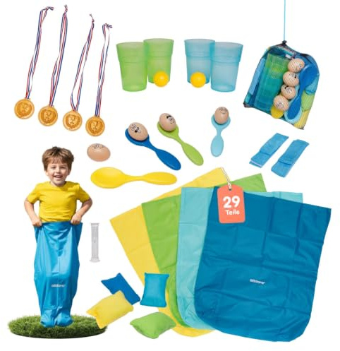 alldoro 60346 XXL Kinder-Partyspiele 29-teilig, 5 Outdoor-Spiele für Kinder-Geburtstag, Gartenspiele mit Eierlauf & Sackhüpfen