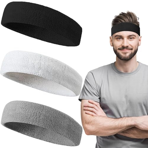 Diadema Deportiva, 3 Piezas Cinta Sudor Cabeza, Diademas Deportivas para Hombres y Mujeres, Transpirable Cinta Frente Sudor, Banda Elástica Pelo de Algodón para Fitness Tenis Subida Correr Yoga (A)