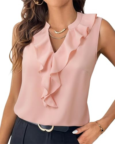 Lotusmile Sleeveless Tops for Women: Women's Ruffled Chiffon Tank Blouses Under Blazers - Elegant Feminine Flattering Cute Summer Tops for Office, Workear, and Business Casual Wardrobe, Pink