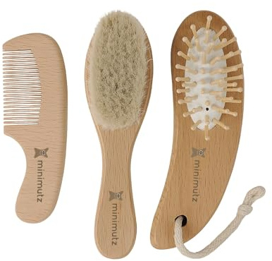 minimutz Baby Bürstenset 3-teilig Buchenholz, Weiche Bürste Neugeborene, Babypflege Milchschorf Kamm, Geschenk zur Geburt