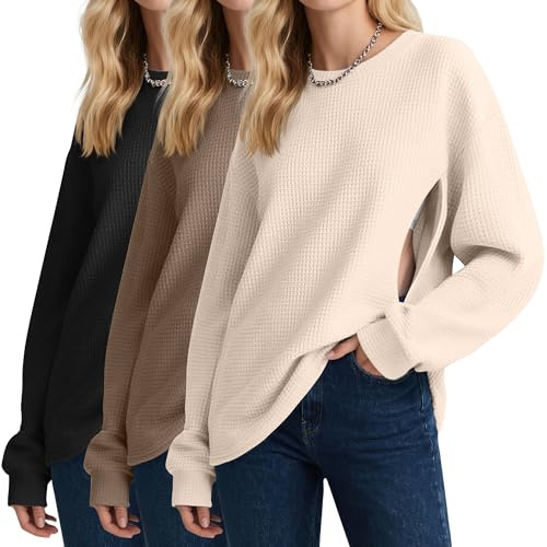 Oakgarden 3 Pack Women's Oversized Nursing Tops, Waffle Knit Breastfeeding Zipper Sweatshirt Long Sleeve Maternity Shirts(Cream White, Coffee, Black,Small)