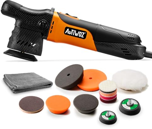 AUTIWOZ W02 Mini Car Polisher Buffer Sander Dual Action DA Polishing Machine 2inch 3inch Polishing Pads Kit for Car Floor Detailing Polish Buffing Clean Variable 6 Speeds 2500-7000RPM 630W 12mm Orbit