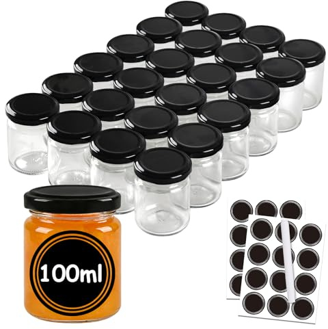 BLIENKREBY 24 Tarros de Cristal para Conservas de 100 ml, Con Etiquetas y Rotulador, Herméticos Apto para Lavavajillas, Ideales para Regalar