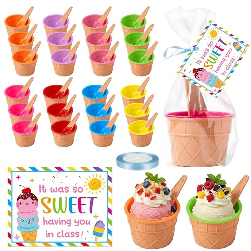 CJiangpo End of Year Student Gift - 24 Pack Ice Cream Bowls and Spoons with Cards Set Reusable Plastic Dessert Bowls for Sundae Frozen Yogurt Classroom Reward End of School Summer Birthday Party Favor
