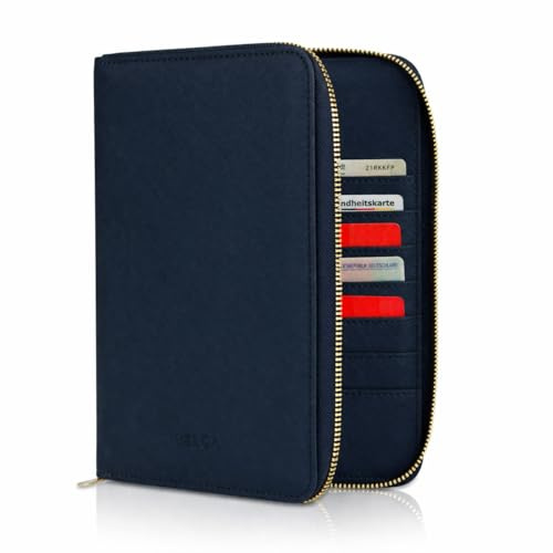 DELOA ® Organiseur de documents de voyage et de famille, organiseur de carnet de santé 3 en 1 avec compartiment pour passeport de vaccination et passeport, en cuir synthétique Saffiano, bleu marine