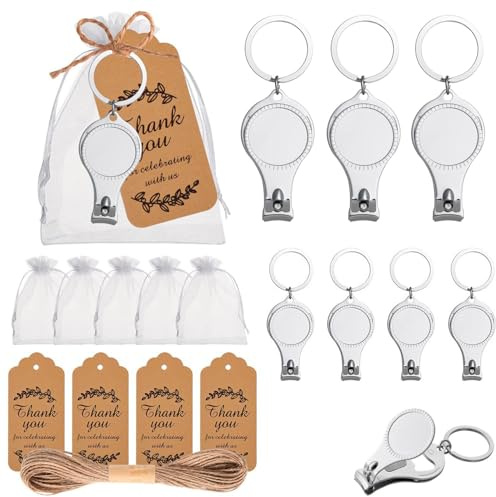 Sunch Craft 50 Pcs Nail Clipper Bottle Opener 3 in 1 Keychains with Tags & Organza Bag Party Favors Wedding Bridal Baby Shower Souvenirs for Guests,Silver