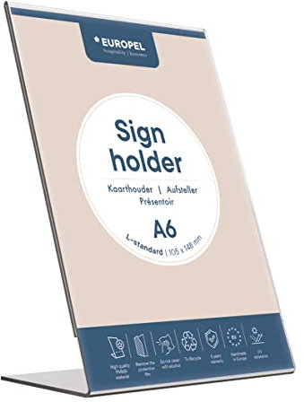 EUROPEL Tischaufsteller Acryl, L-Form DIN A6 Hochformat, Menükartenhalter, Schilderhalter, Werbeaufsteller