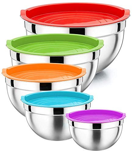 HaWare Mixing Bowl Set of 5, 100% Stainless Steel Nesting Metal Bowls with Airtight Lids, Heavy Duty & Dishwasher Safe - 0.7/1.2/1.5/3/4.5QT, Great for Cooking, Baking, Food Storage