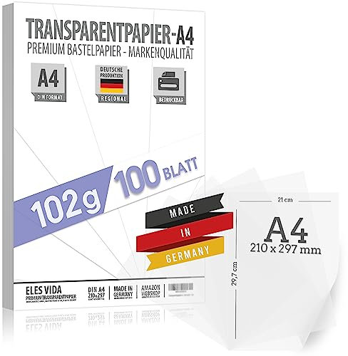 100 Blatt Transparentpapier 102 g/m² DIN A4 BEDRUCKBAR, Pauspapier Bastelpapier Pergamentpapier, Laternen selber machen – Drachenpapier zum Basteln - Bastelset Kinder - Transluzent Pergamynpapier