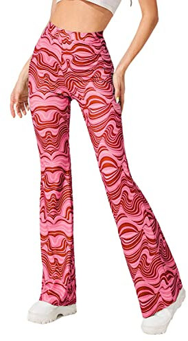 EVELUST Festival Flare Hosen Für Damen - 70er Jahre Outfit Hippie Kleidung Flower High Waist Breite Bein Flair Leggings Rave Disco Kostüm Palazzo Schlaghose Sommer Bell Bottom(Pink, L, 1040w)