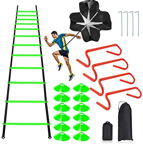 Speed & Agility Ladder Training Equipment Set, Includes 12 Rung 20ft Agility Ladder, 4 Agility Hurdles,12 Disc Cones, 1 Resistance Parachute for Training Football Soccer Basketball Athletes-Green
